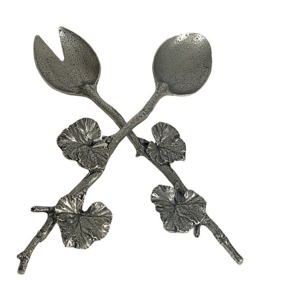 Geranium Leaf Salad Servers Metalware Twig Handles - Picture 1 of 10